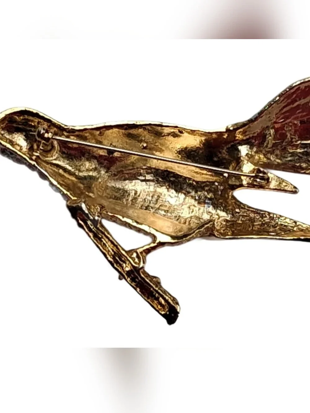 Vintage Large Bird on Branch Brooch Rhinestone Grey Enamel Pin